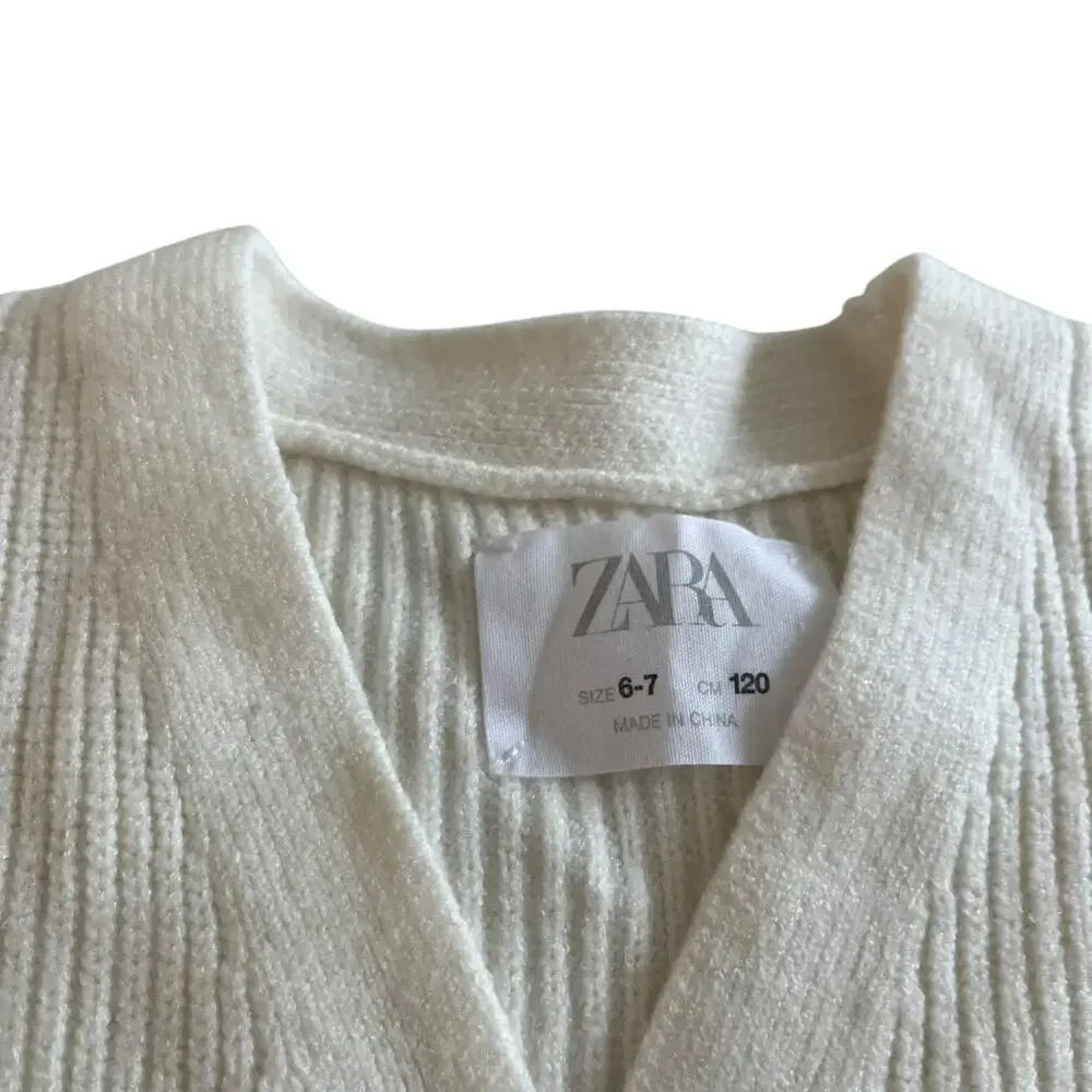 Zara Girls Ecru Neutral Rib Knit Cardigan Sweater Size 6-7
